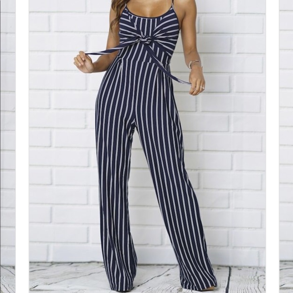 BLK STRIPE FRONT KNOT BACK CUTOUT SLING JUMPSUIT